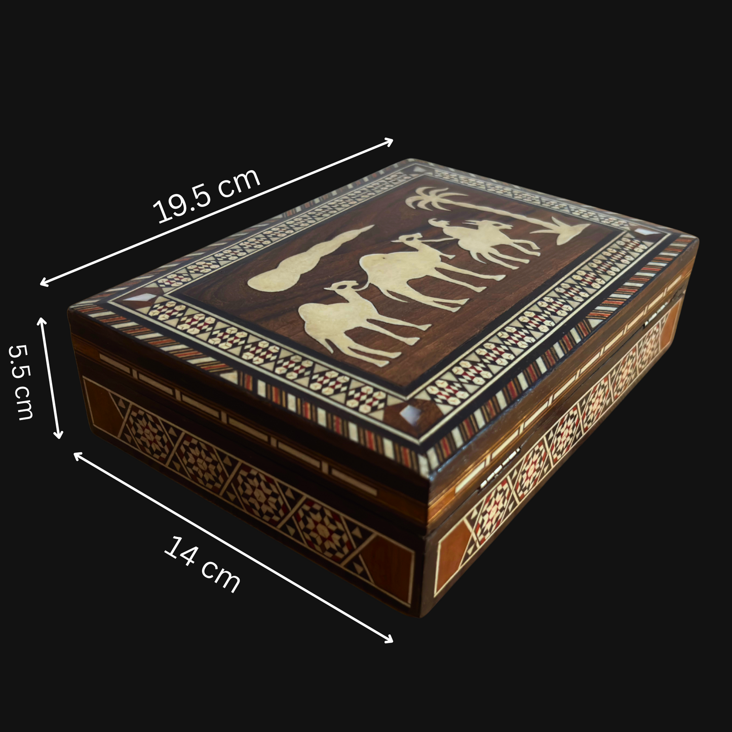 Vintage Damascene mozaïekdoos uit de jaren ’70, kameelmotief, handgemaakte Syrische bewaardoos