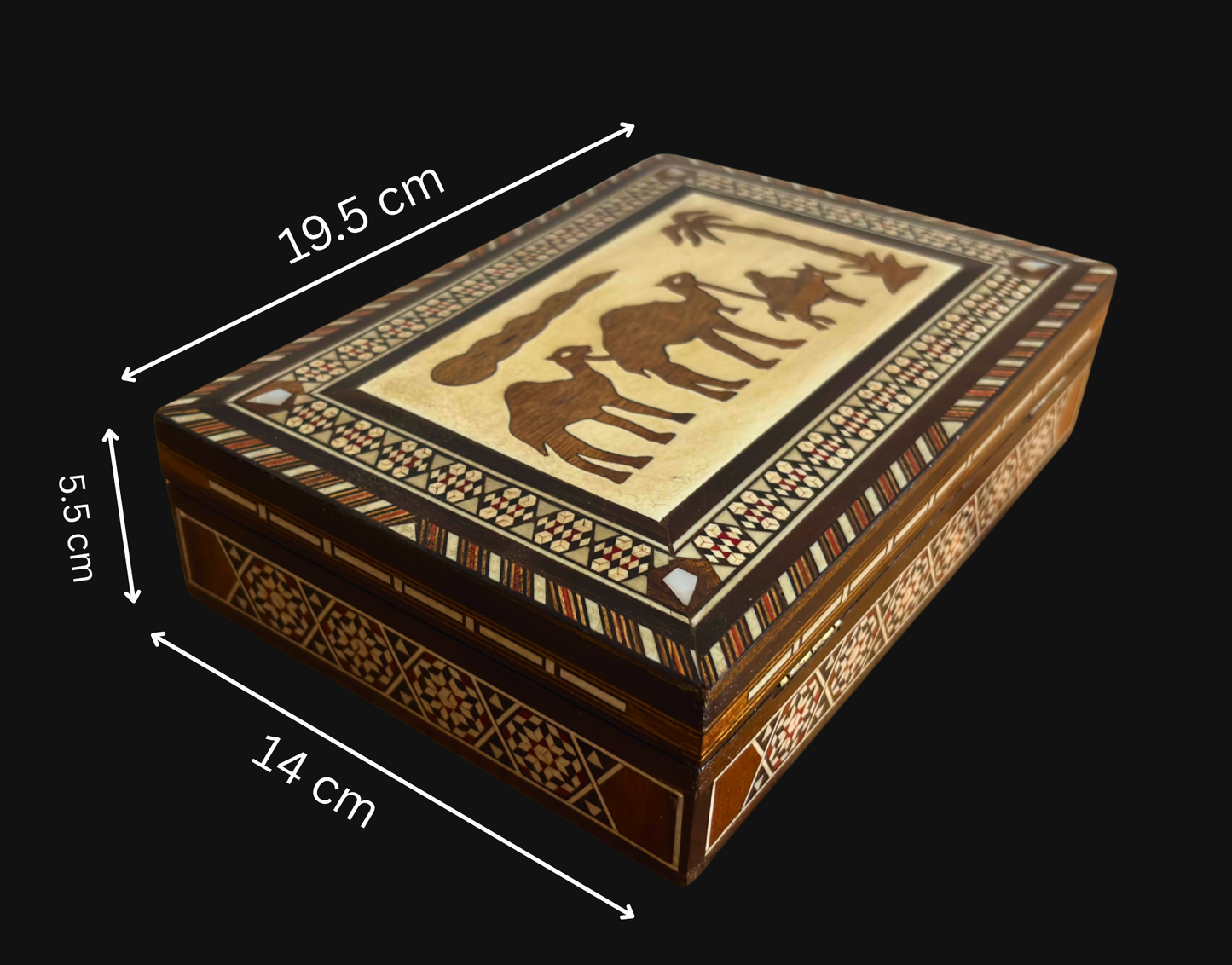 Vintage camel mozaïek sieradendoos – Handgemaakt Damascene kunstwerk uit 1970 met parelmoer inleg