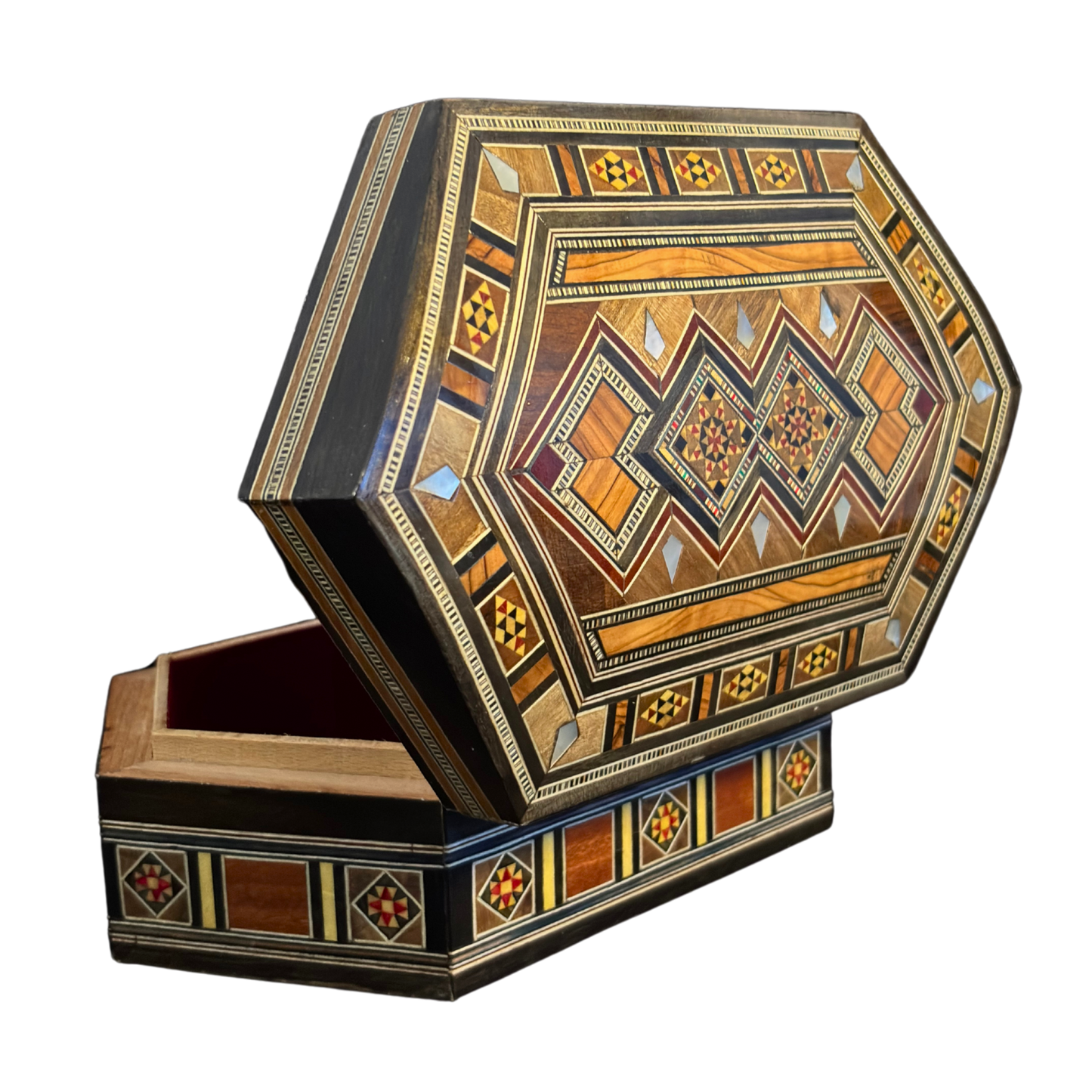 Handgefertigte Mosaik-Schatulle aus Damaskus – Perlmutt & Samt