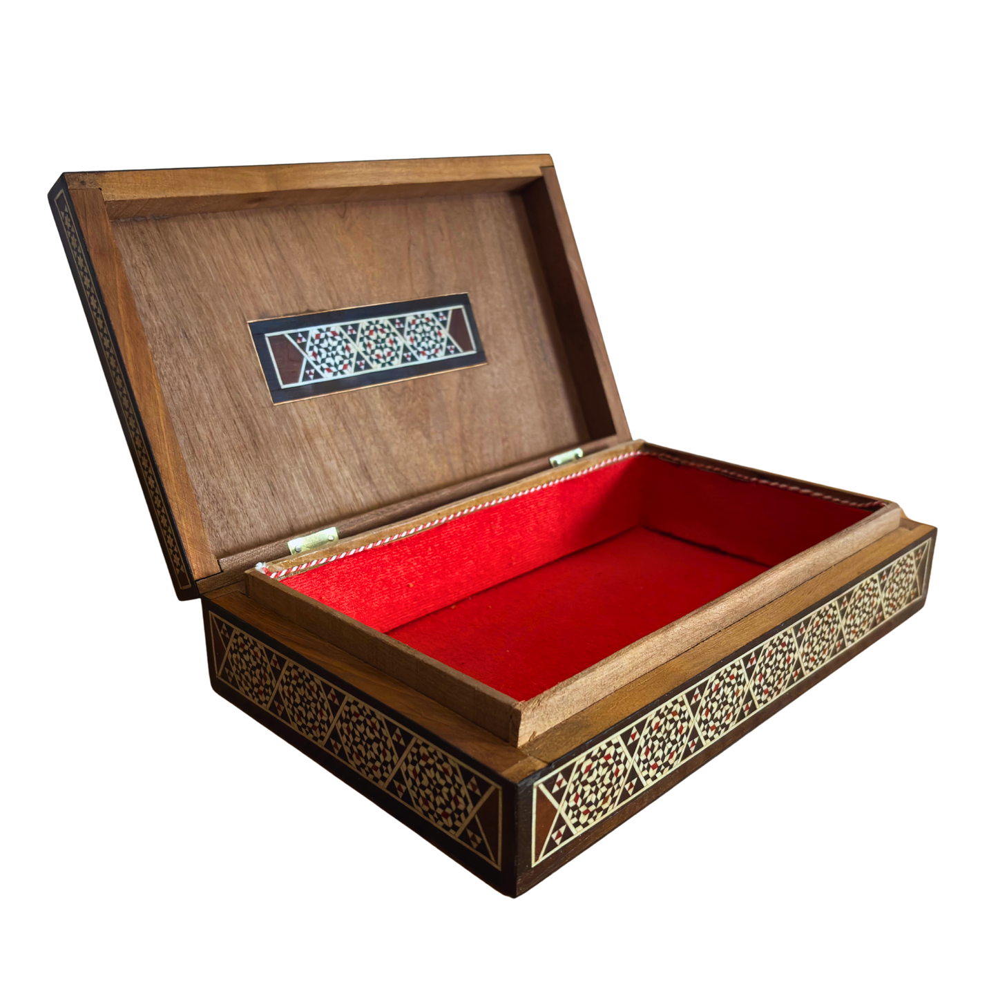 Vintage Damascene sieradendoos uit 1970, handgemaakt houten kistje, ingelegd met parelmoer, Syrisch ambachtelijk meesterwerk