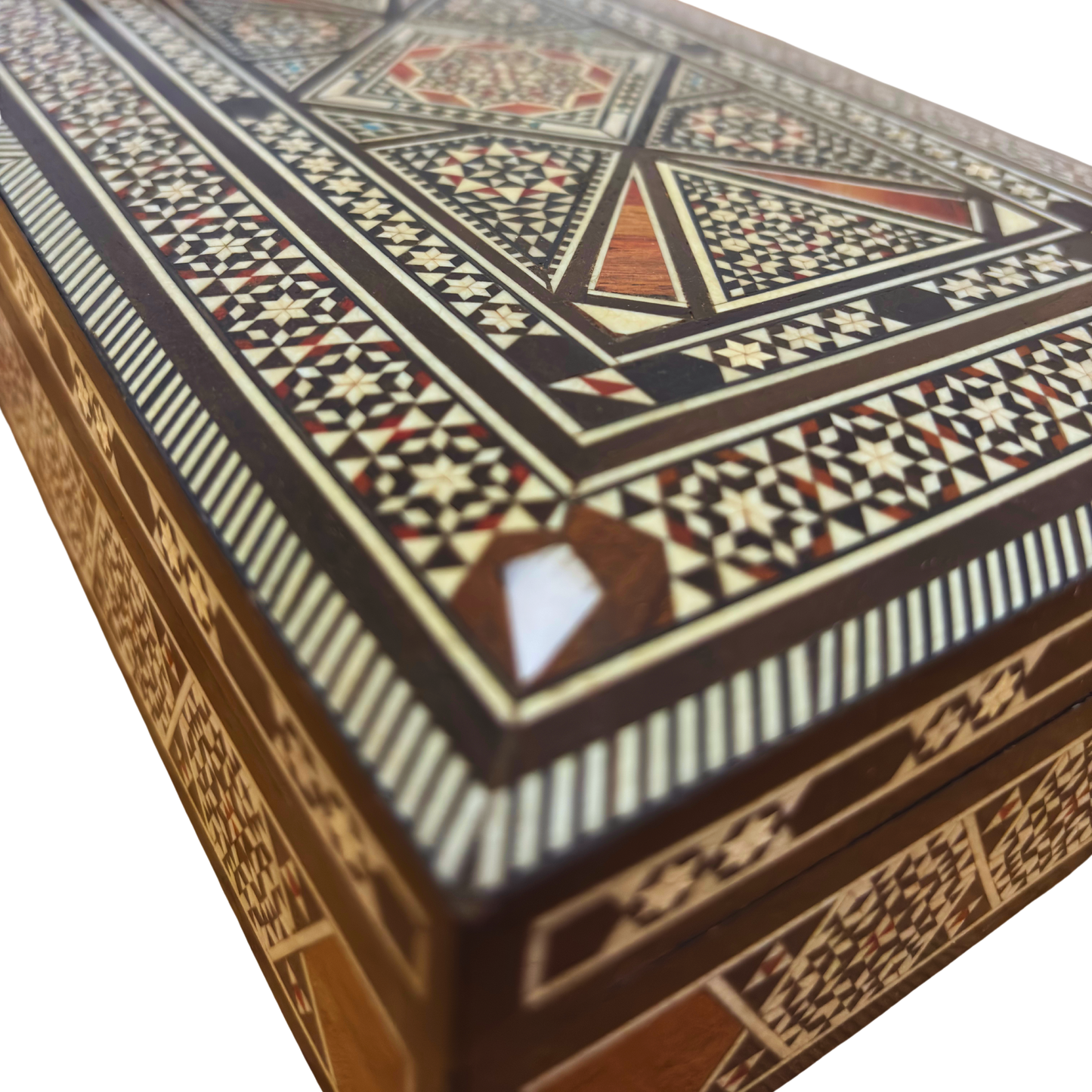 Vintage 1970 Damascene Mozaïek Sieradendoos – Handgemaakte Oosterse Inleg met Parelmoer