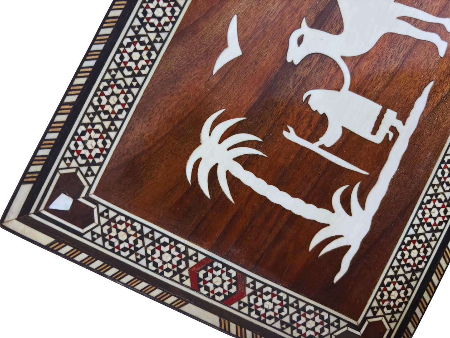 Zeldzame Vintage 1970 Kameel Mozaïekdoos – Handgemaakte Damascene Oosterse Kunst met Parel Inleg