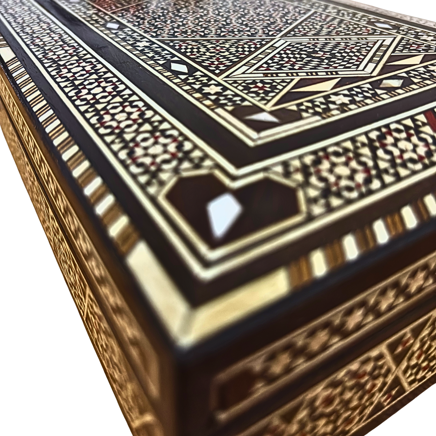 Vintage Damascene sieradendoos uit 1970, handgemaakt houten kistje, ingelegd met parelmoer, Syrisch ambachtelijk meesterwerk