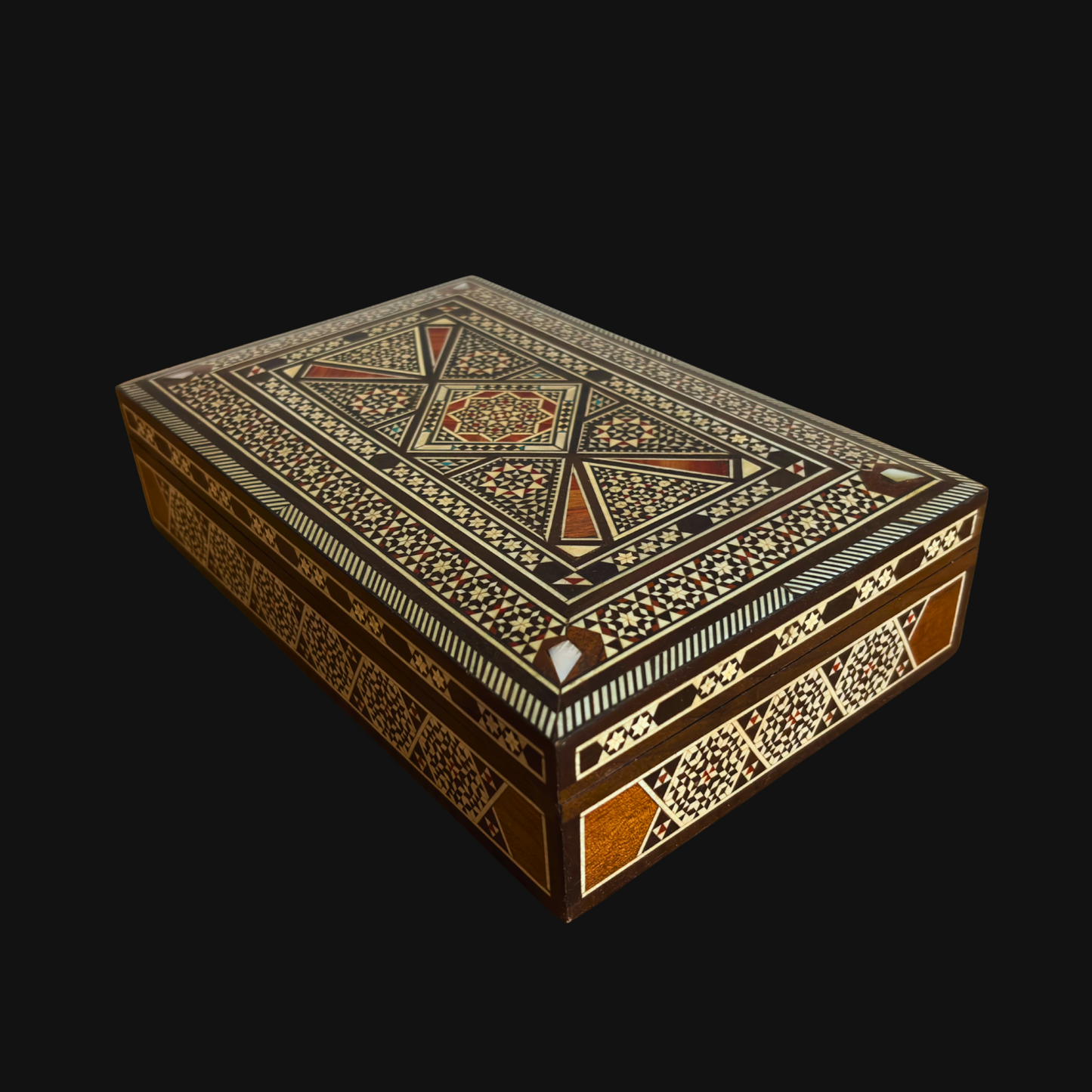 Vintage 1970 Damascene Mozaïek Sieradendoos – Handgemaakte Oosterse Inleg met Parelmoer