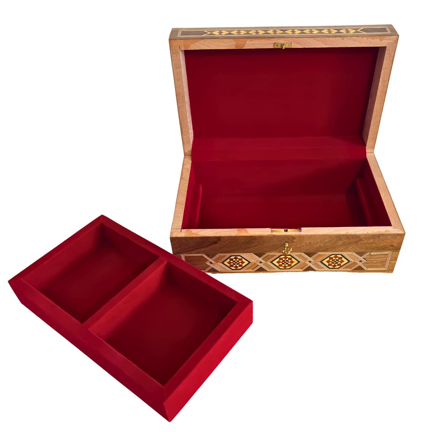 Grande Boîte à Mosaïque Damascène Artisanale avec Serrure – Coffret à Bijoux en Bois à Plusieurs Niveaux avec Incrustation en Nacre