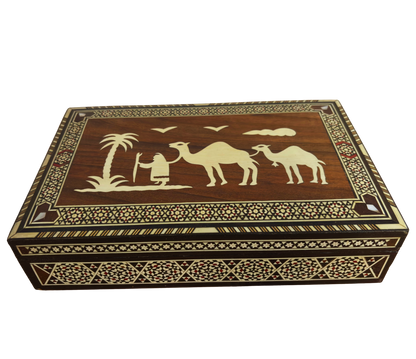 Zeldzame Vintage 1970 Kameel Mozaïekdoos – Handgemaakte Damascene Oosterse Kunst met Parel Inleg