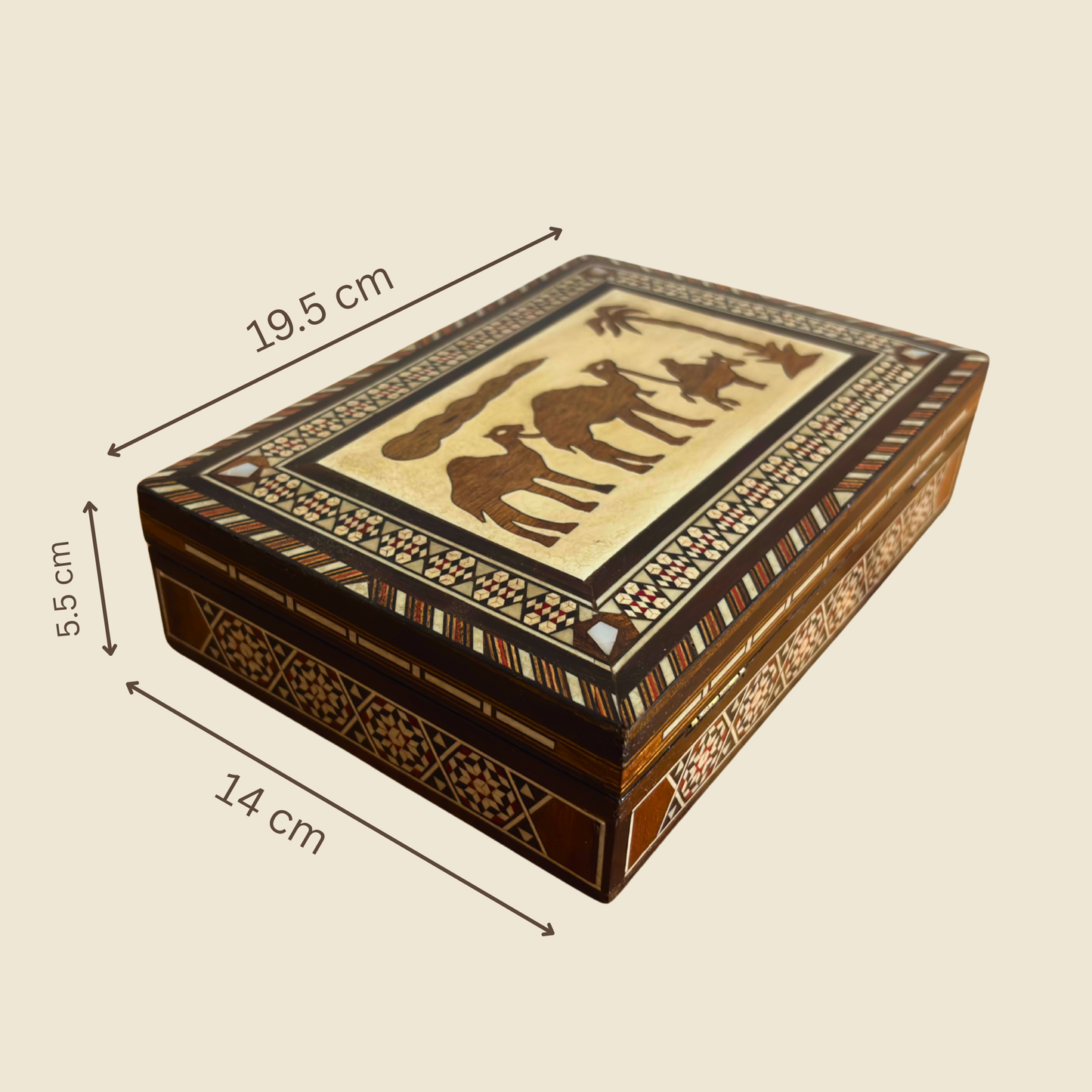 Boîte à Bijoux Damasquinée 1970 – Scène de Chameaux avec Nacre Authentique