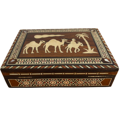 Vintage Damascene mozaïekdoos uit de jaren ’70, kameelmotief, handgemaakte Syrische bewaardoos