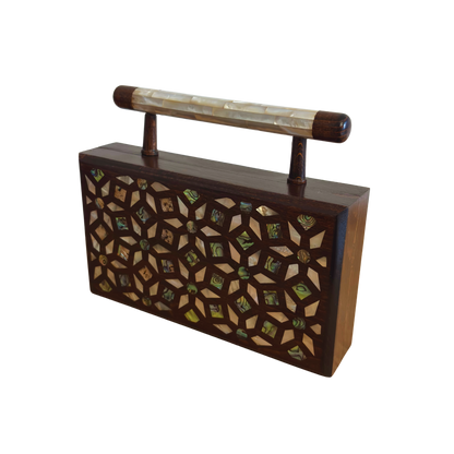 Der Garten der Geheimnisse – Handgefertigte Damaszener Clutch aus Nussbaumholz mit Geometrischen & Botanischen Perlmuttintarsien