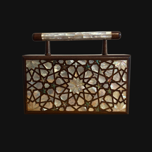 Falak – Luxe Damascene Clutch met Parelmoer & Brokaat Voering