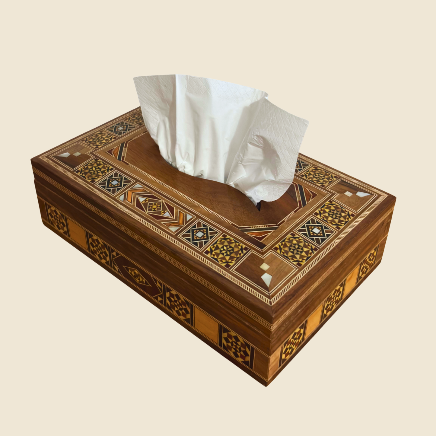 Elegante Caja de Pañuelos Damasquina en Madera – Nácar Incrustado & Interior de Terciopelo