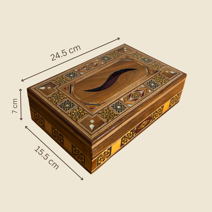 Elegante Caja de Pañuelos Damasquina en Madera – Nácar Incrustado & Interior de Terciopelo
