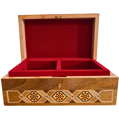 Grande Boîte à Mosaïque Damascène Artisanale avec Serrure – Coffret à Bijoux en Bois à Plusieurs Niveaux avec Incrustation en Nacre