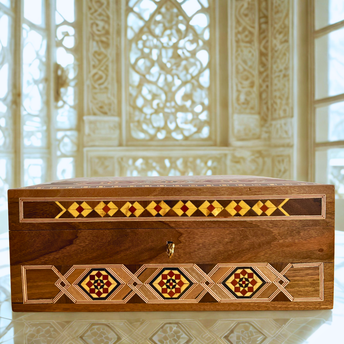 Grande Boîte à Mosaïque Damascène Artisanale avec Serrure – Coffret à Bijoux en Bois à Plusieurs Niveaux avec Incrustation en Nacre