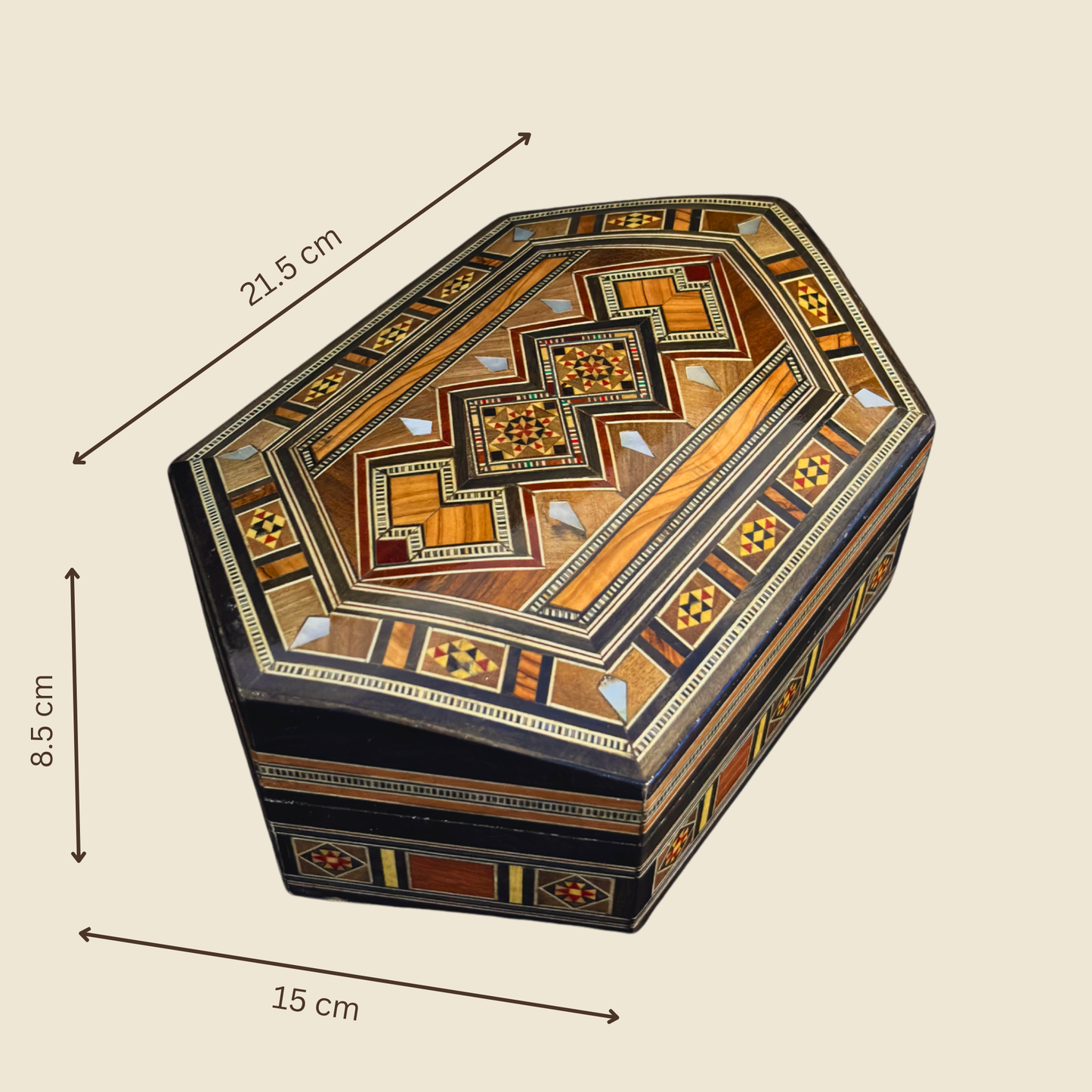 Handgefertigte Mosaik-Schatulle aus Damaskus – Perlmutt & Samt