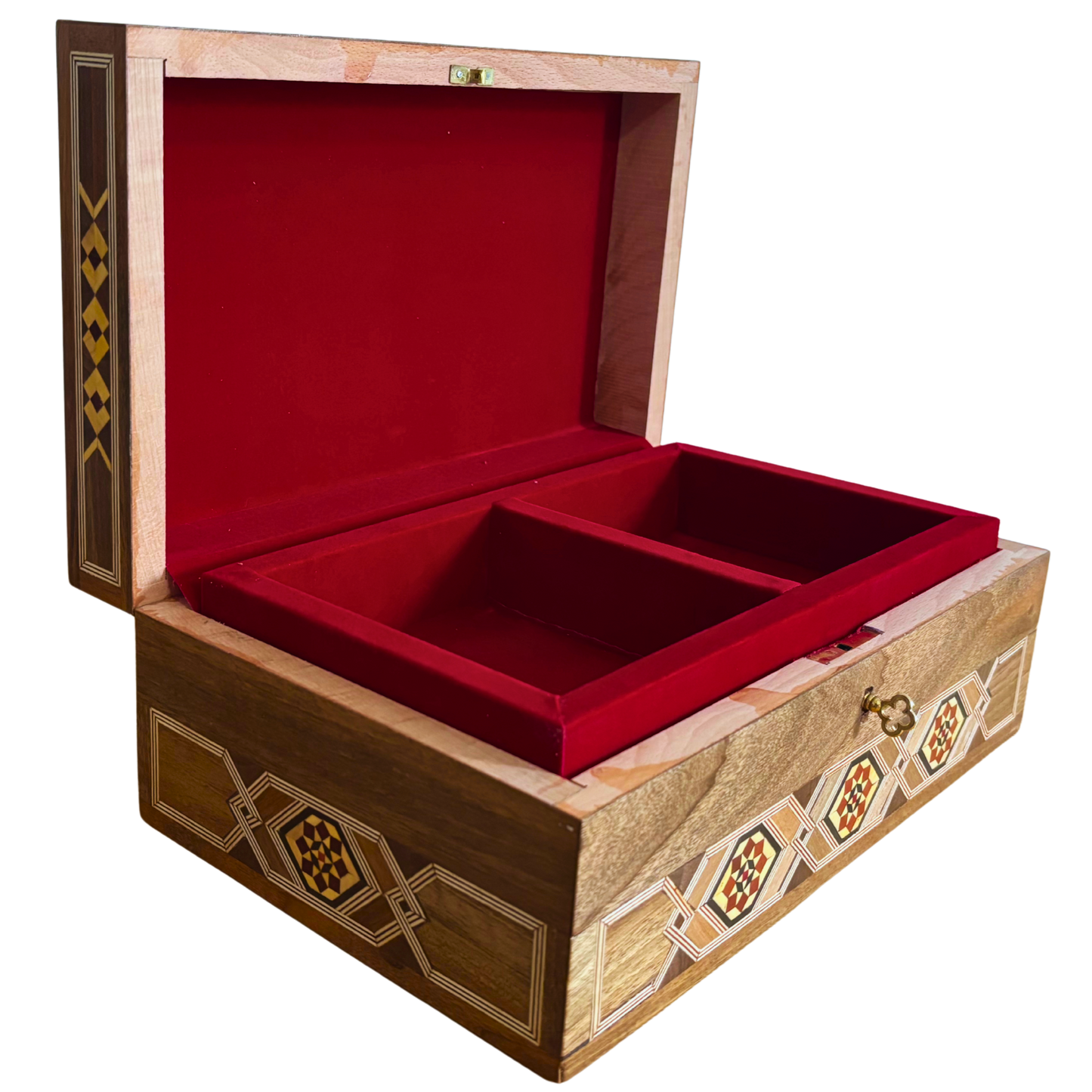 Grande Boîte à Mosaïque Damascène Artisanale avec Serrure – Coffret à Bijoux en Bois à Plusieurs Niveaux avec Incrustation en Nacre
