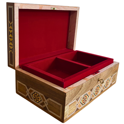 Grande Boîte à Mosaïque Damascène Artisanale avec Serrure – Coffret à Bijoux en Bois à Plusieurs Niveaux avec Incrustation en Nacre