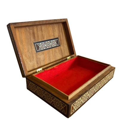Zeldzame Vintage 1970 Kameel Mozaïekdoos – Handgemaakte Damascene Oosterse Kunst met Parel Inleg