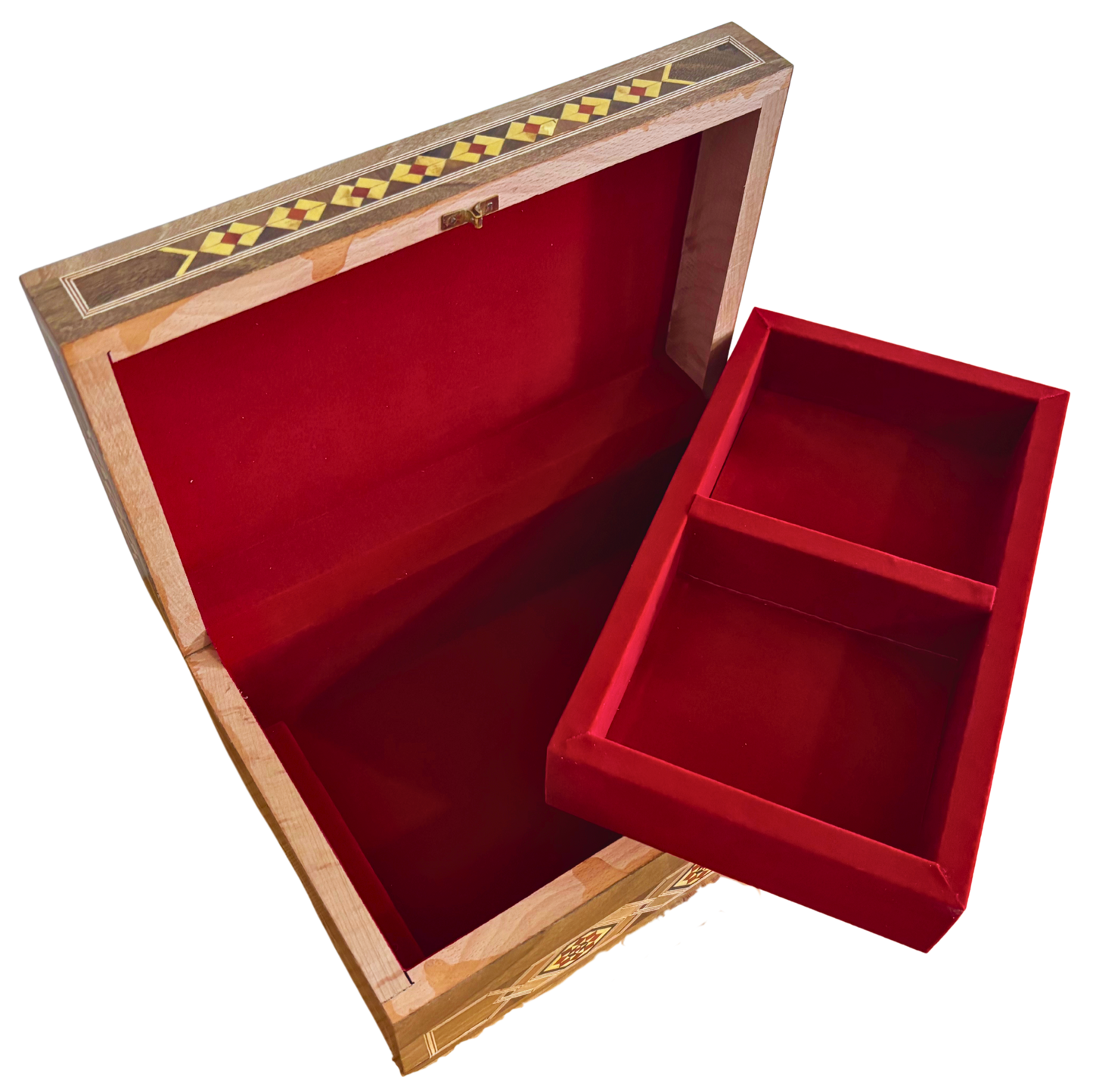Grande Boîte à Mosaïque Damascène Artisanale avec Serrure – Coffret à Bijoux en Bois à Plusieurs Niveaux avec Incrustation en Nacre