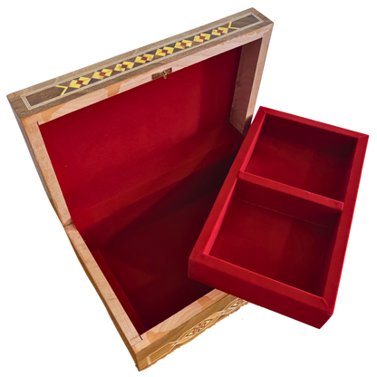 Grande Boîte à Mosaïque Damascène Artisanale avec Serrure – Coffret à Bijoux en Bois à Plusieurs Niveaux avec Incrustation en Nacre