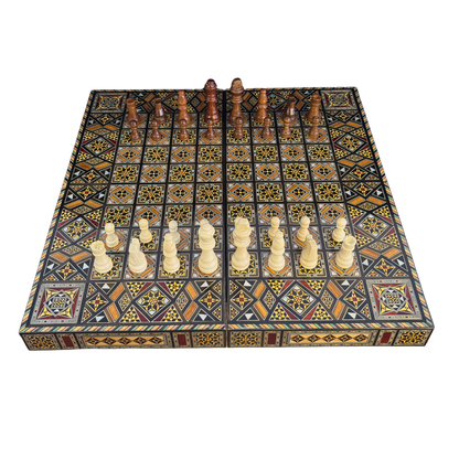 Luxuriöses Schach- & Backgammon-Set aus Damaskus – Mosaikkunst & Perlmutt