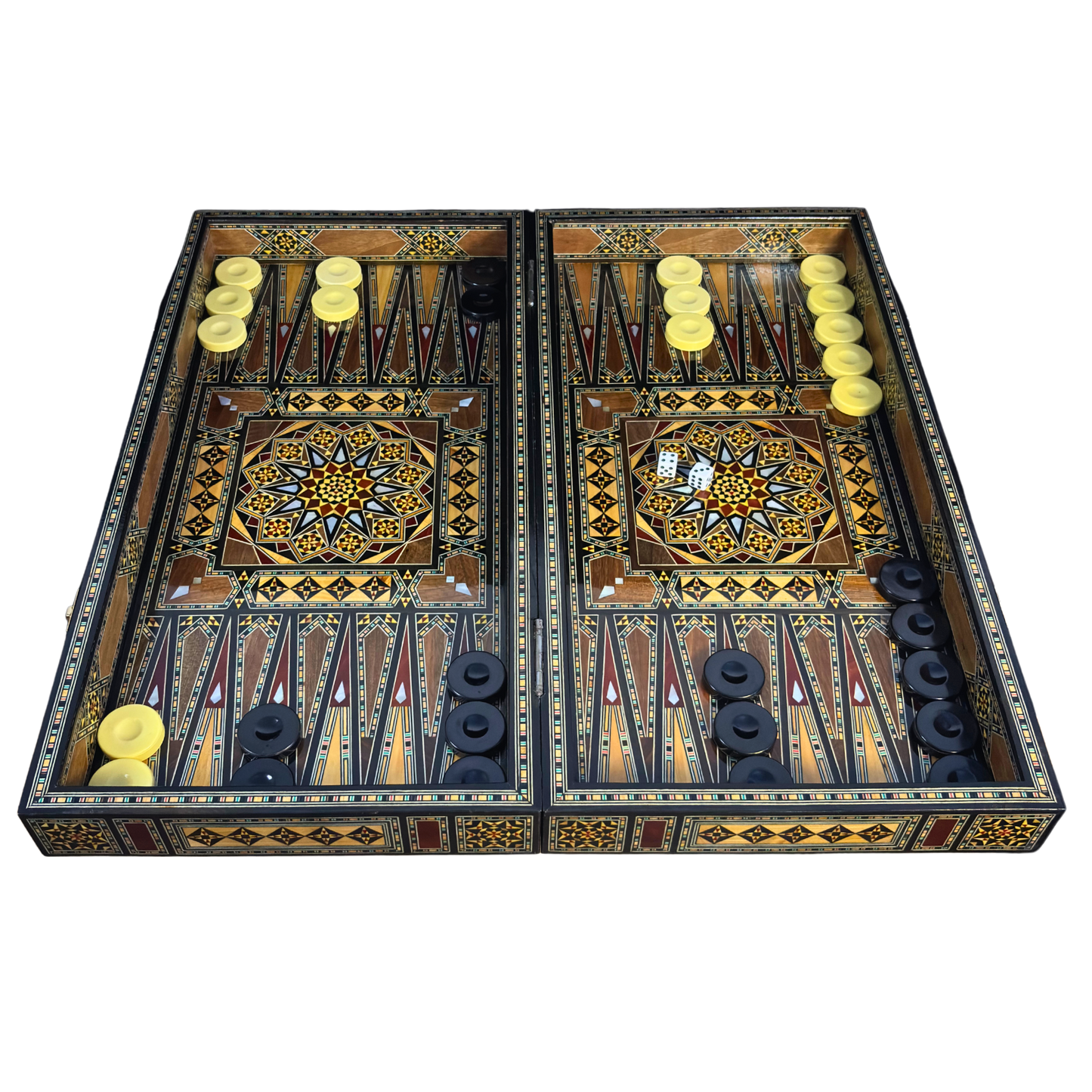 Luxuriöses Schach- & Backgammon-Set aus Damaskus – Mosaikkunst & Perlmutt