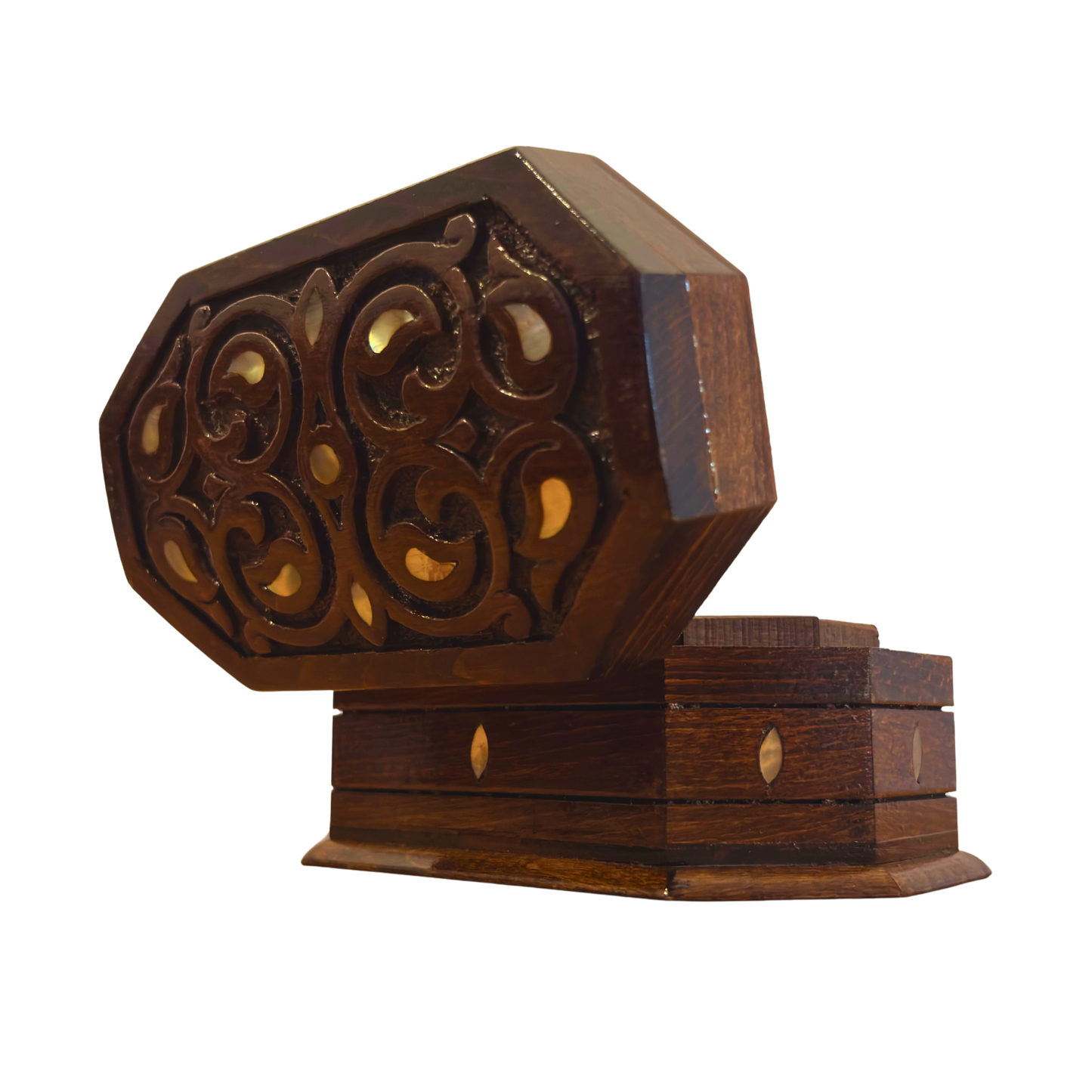 Handgeschnitzte Buchenholzbox mit Perlmuttintarsien – Elegante Walnussoptik