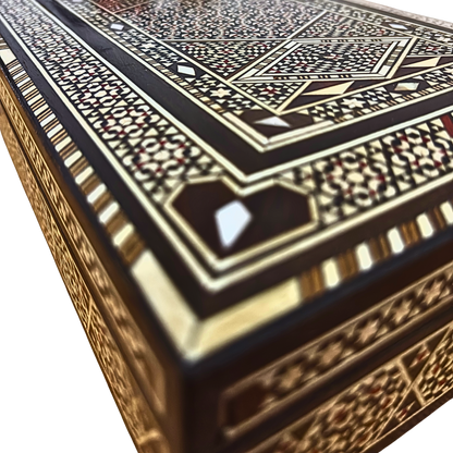 Vintage Damascene sieradendoos uit 1970, handgemaakt houten kistje, ingelegd met parelmoer, Syrisch ambachtelijk meesterwerk