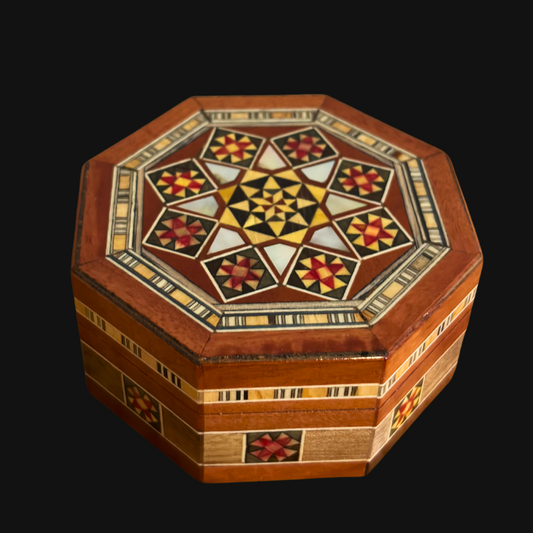 Boîte octogonale en mosaïque damasquinée pour bijoux – Bois artisanal et incrustations en nacre en terracotta rustique et chaleureux