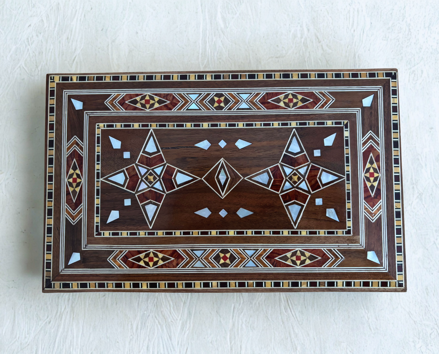 Grande Boîte à Mosaïque Damascène Artisanale avec Serrure – Coffret à Bijoux en Bois à Plusieurs Niveaux avec Incrustation en Nacre