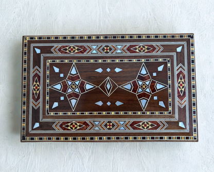 Grande Boîte à Mosaïque Damascène Artisanale avec Serrure – Coffret à Bijoux en Bois à Plusieurs Niveaux avec Incrustation en Nacre