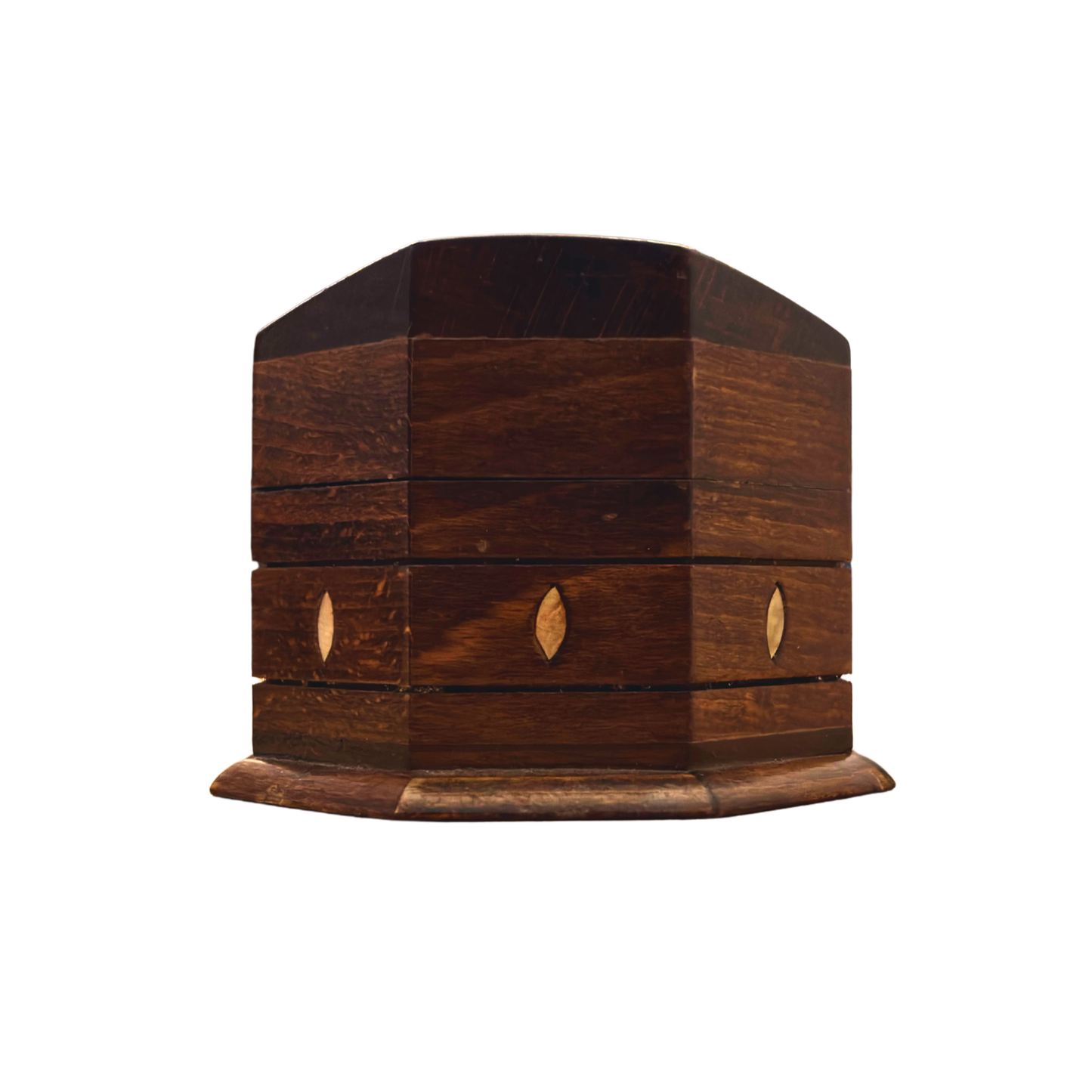 Handgeschnitzte Buchenholzbox mit Perlmuttintarsien – Elegante Walnussoptik