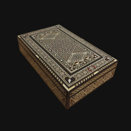 Vintage Damascene sieradendoos uit 1970, handgemaakt houten kistje, ingelegd met parelmoer, Syrisch ambachtelijk meesterwerk