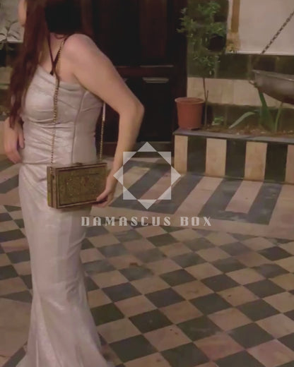 Luxury Damascene Mosaic Handbag – Handcrafted with Mother of Pearl & Velvet Elegance