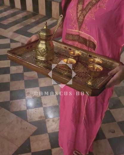 Damaskus Mosaik Holztablett – Perlmutt Intarsie & Natürliche Holzfarben