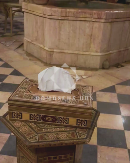 Elegante Damast-Mosaik Holz-Tissuebox – Perlmutt Intarsie & Samt Innenfutter